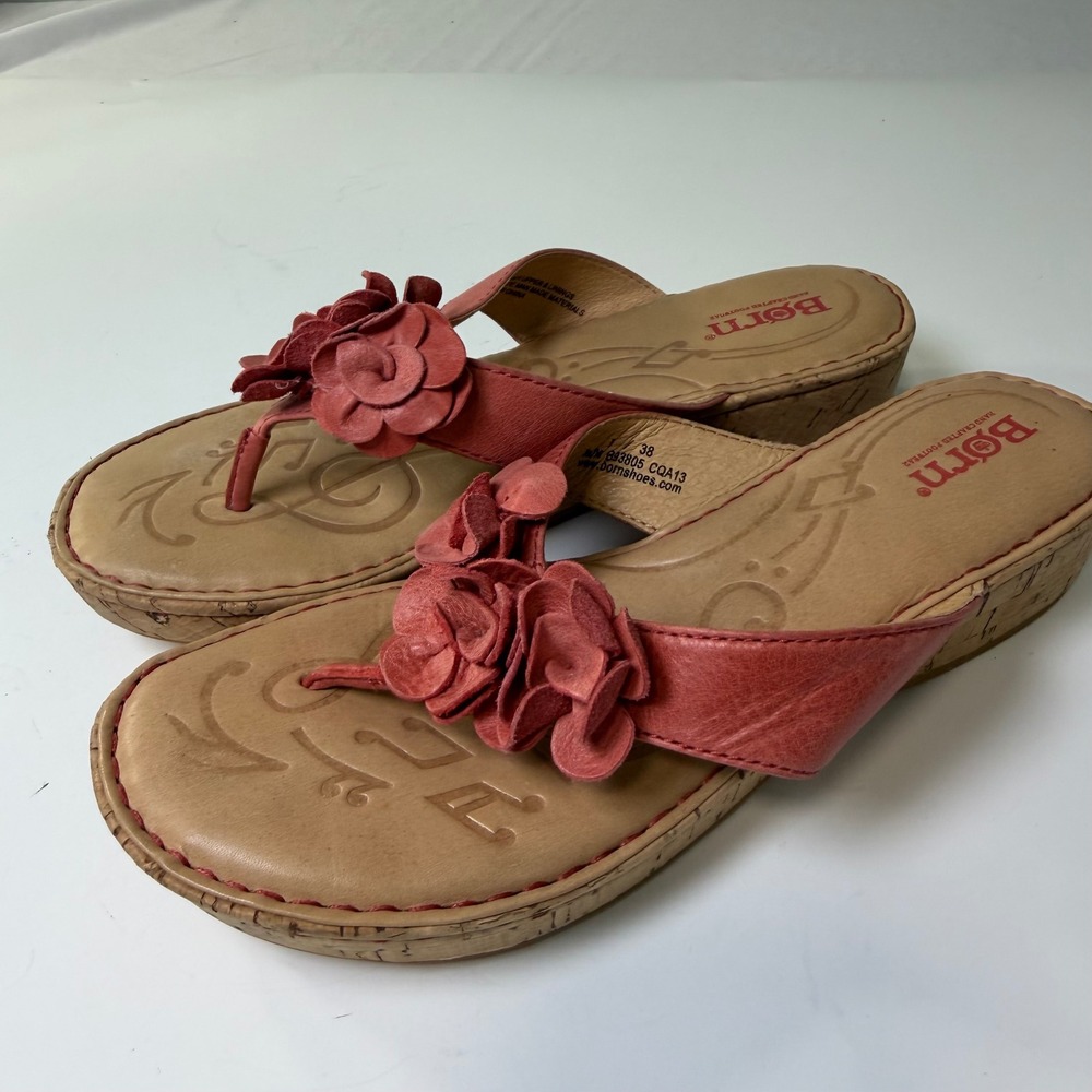Born Womens‎ Coral Pink Leather Floral Wedge Thong Sandals B93805 Size 7 38